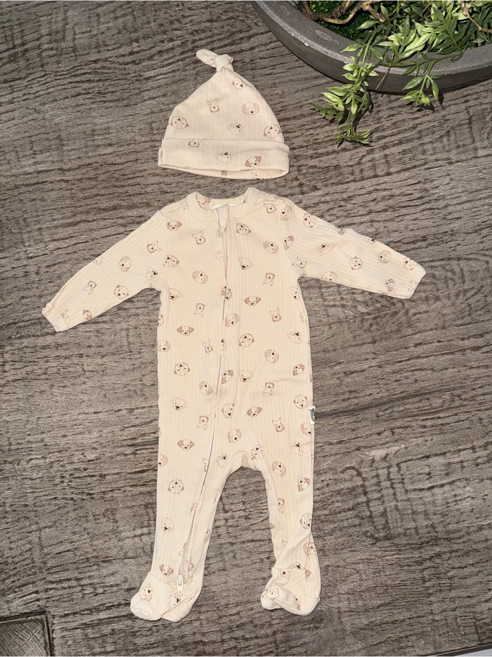 Rabbit + Bear dog footie zippy and matching hat 0-3 months tan and brown